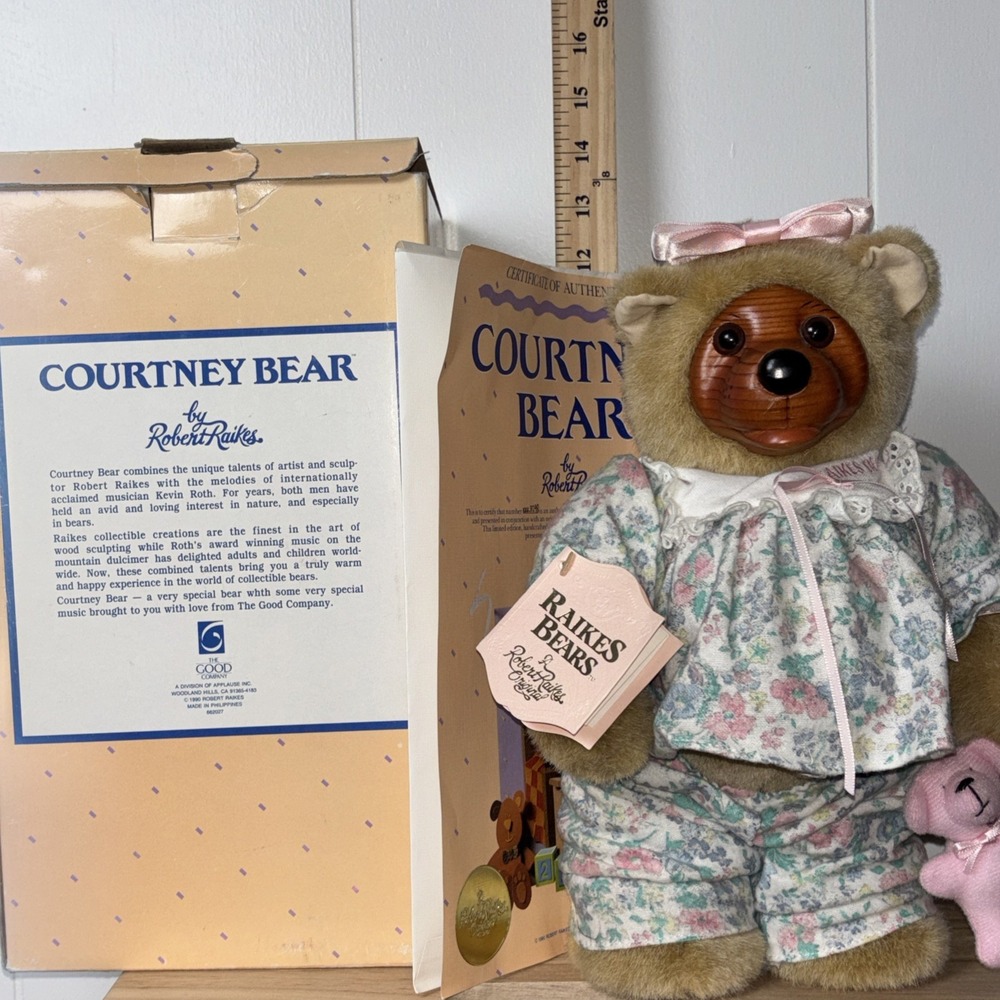 Vintage Courtney Bear Adorable wood face bear complete with paperwork 12"